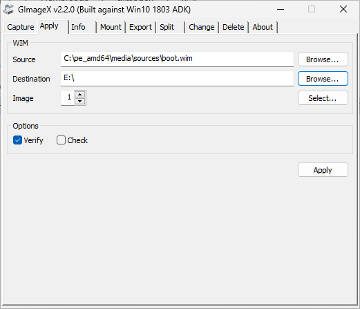 GImageX open at the Apply tab, with the source pointing to the WinPE boot.wim and the destination as the E: drive.